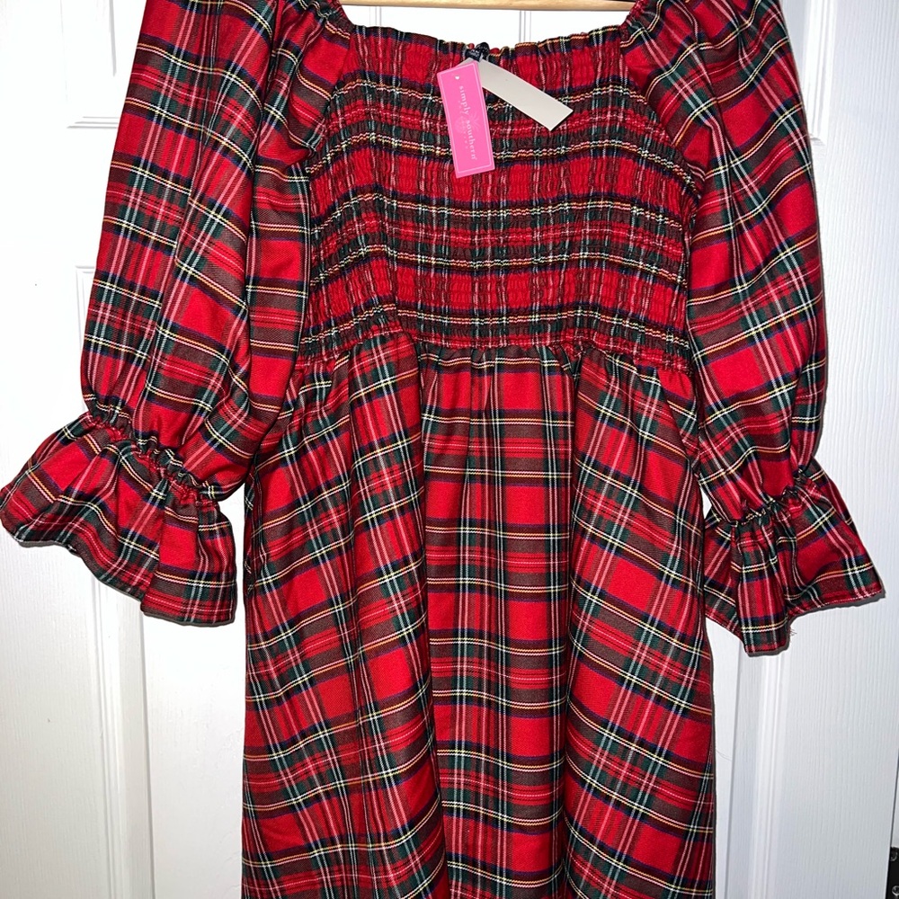 Plaid Puff Sleeve Christmas plaid  XL XXL stretch w flowing waste 12 14 16 18